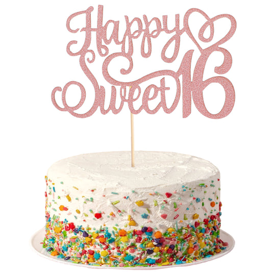 Glittery 16th Happy Birthday Cake Topper, Rose Gold Glitter 16 & Fabulous Sweet 16 Birthday Cake Pick Cheers to 16 Years Birthday Cake Decoration for Celebrating 16th Birthday Party Anniversary Decor