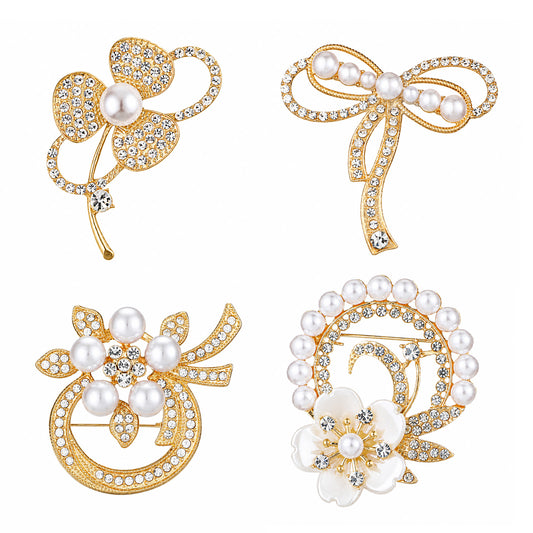 4 Pcs Brooches and Pins for Women Flower Brooch Pearl Brooch Crystal Pearl Brooches Elegant Clothing Accessory for Wedding Clothing Accessory Dress Hat Decoration Bride Engagement Wedding Jewelry