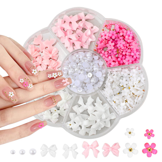 Flower Bow Manicure Kit Pink White 3D Flower Bow Half Pearls Nail Gems 3D Acrylic Flowers Bows Nail Charms for Women Girls