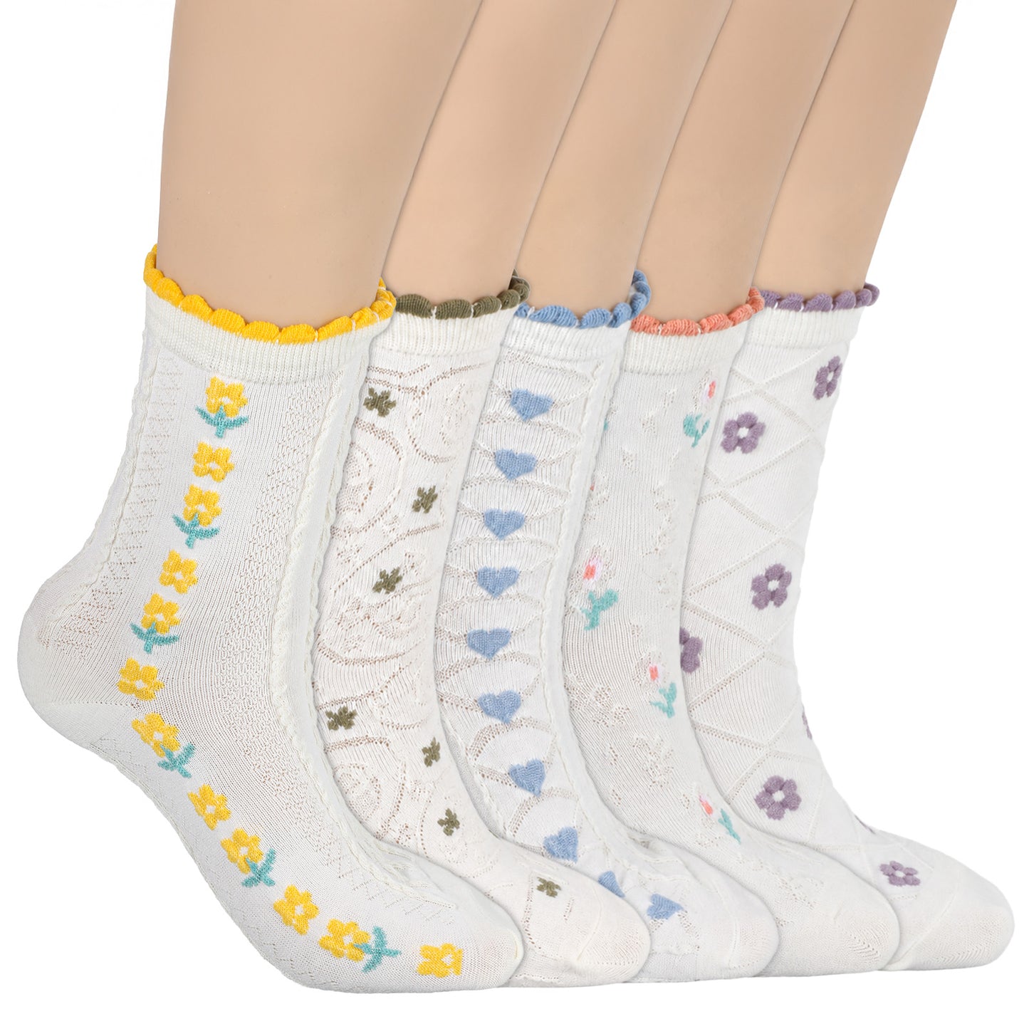 Zelphvt 5 Pairs Womens Ruffle Crew Socks, Ruffle Sock for Women Lettuce Edge Frilly Crew Sock, Breathable Cotton Novelty Ankle Socks for Casual Daily Wear