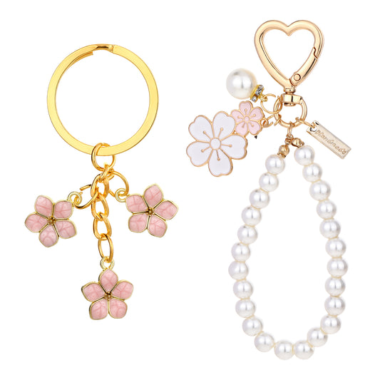 Keychain Wristlet for Women, Car Keychain Wristlet Keychain Wrist Lanyard for Keys, Cute Keychains Wristlet with Bow/Flower/Heart Keychain, Flowers Charms Car Key Chain Pearl Keychain Wristlet Keyring