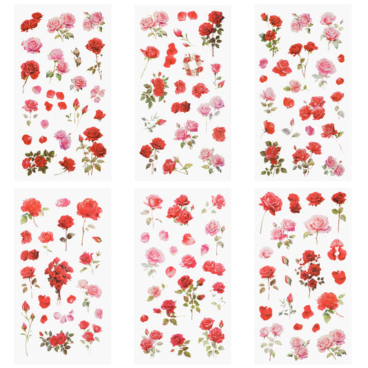 Rose Stickers, 6 Pcs Transparent Flower Decals Waterproof Flower Stickers Vintage Red Pink Vinyl Rose Themed Decals for Crafts Scrapbook Card Making Journaling Water Bottles Poster Decoration