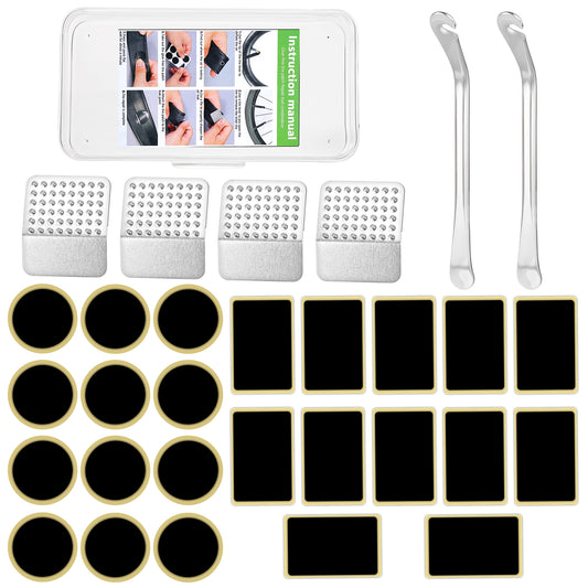 30 Pcs Bike Tire Repair Kit Bike Inner Tire Patch Repair Kit Bicycle Inner Flat Tube Patch Kit with 24 Vulcanizing Patches, 4 Metal Rasp, 2 Metal Levers, and Storage Box for MTB Road Mountain Bicycle