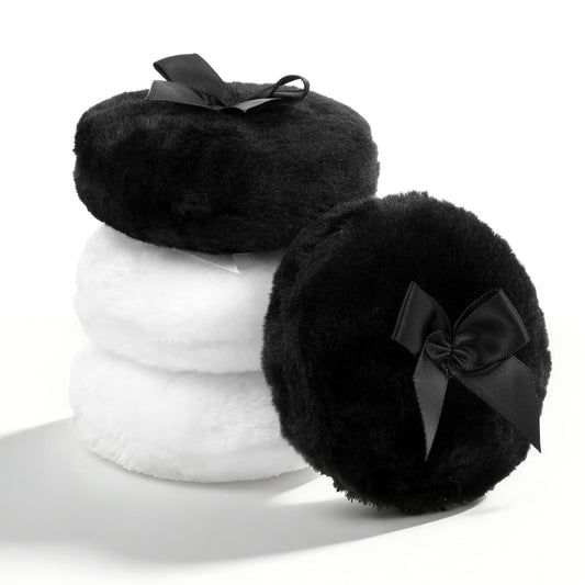 4 PCS Large Fluffy Powder Puff, Soft Washable Reusable Body Powder Puffs with Ribbon Bow Handle, Ultra Soft Dusting Powders Puff for Face and Body Makeup Application in White Black