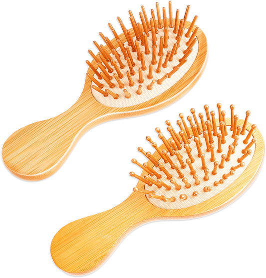 2PCS Mini Wooden Hair Brush - Anti-Static Travel Brush for Hair Massage, Scalp Detangling, All Hair Types - Natural Pocket Hairbrush