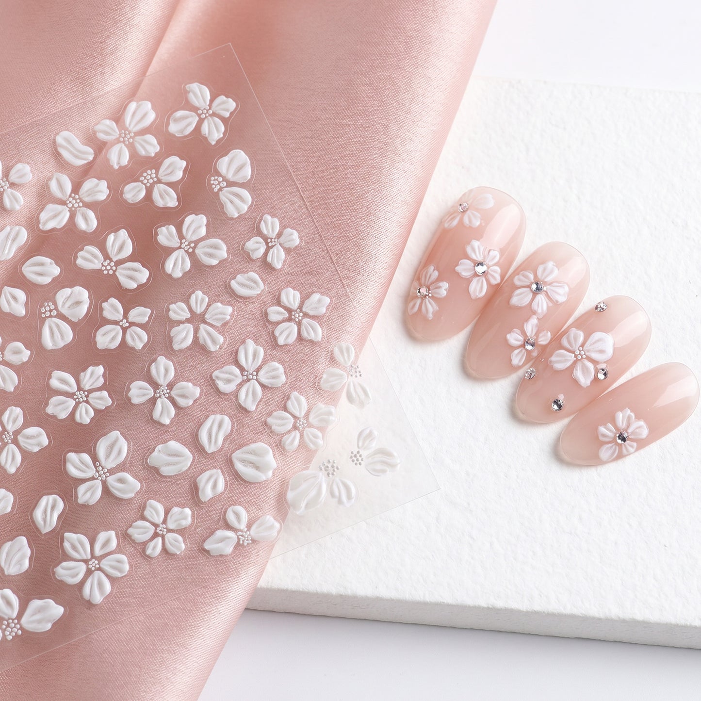 Nail Flower Stickers, 5 Pcs 5D Embossed White Floral Nail Stickers Bling Shell Light Crystal Nail Art Decals for Women Spring Summer DIY Manicure Decoration
