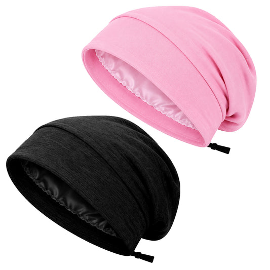 Xthrotsenk 2 PCS Satin Bonnet for Men Adjustable Hair Bonnet for Mens Bonnets for Sleeping Cooling Lining Satin Sleep Cap Hair Wrap Bonnets for Sleep Braid Curly Hairs Natural Hairs (Black, Pink)