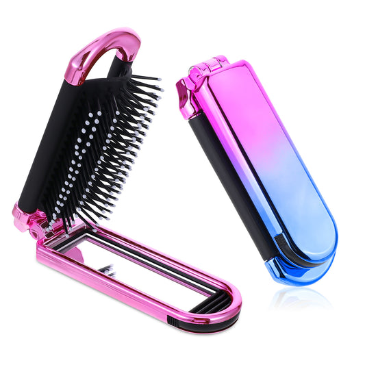 2 Pack Small Hair Brush for Women, Portable Folding Purse Brush with Detachable Mirror and Soft Nylon Bristles, for Pocket Travel Home Gym