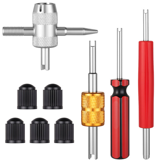 9Pcs Valve Core Removal Tool Spool Removal and Installation Tool Dual & Single Head Tire Valve Stem Tools 4-Way Valves Stem Wrench Extractor Multi Function for Car Truck Air Conditioner with Dust Caps