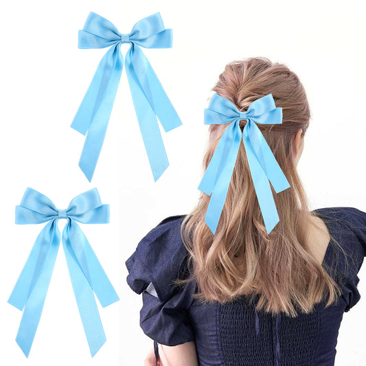 2PCS Silky Satin Hair Bows, Blue Hair Bows Metal Clips Hair Ribbon Ponytail Holder Accessories Tassel Ribbon Hair Bows Clip with Long Tail for Women Hair Accessories