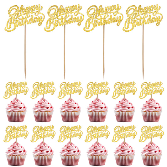 30 Pcs Happy Birthday Cupcake Toppers Birthday Birthday Cake Toppers for Celebrating Happy Birthday Party Cake Decorations Supplies Birthday Cake Toppers (Gold)