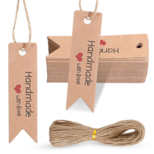 100pcs Handmade Gift Tags 2.8X1 in Mini Gift Paper Tags with 66 ft String Brown Gifts Labels Handmade with Love Tag for Wedding Birthday Party Favors Gifts Wrapping DIY Arts and Crafts