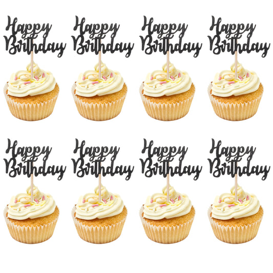 Pack of 24 Happy Birthday Cupcake Toppers Glitter Pre-Assembled Cupcake Toppers Cake Food Fruit Picks for Celebrating Birthday Party Decoration Supplies and Wedding Anniversary Party Supplies