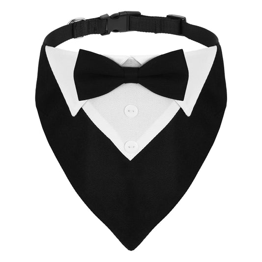 Dog Tuxedo Bandana Collar, Formal Dog Tuxedo Bandana, Pet Bowtie Collar, Dog Wedding Collar with Bow Tie and Neck Tie, Formal Dog Wedding Bandana, Adjustable Black Pet Costume Bowtie Neckerchief