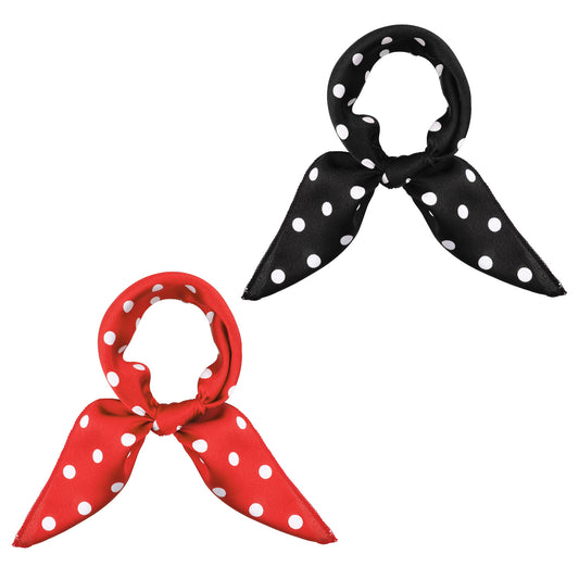 Psyqtsuary 2 Pcs Chiffon Scarf - Square Polka Dot Bandana Head Scarf, 1950s Vintage Bow Headband, Satin-Scarf for Women and Girls (Black, Red)