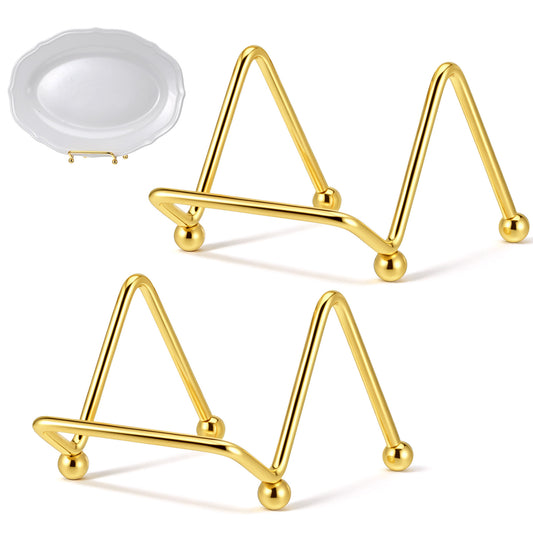 Exircy 2 PCS Book Display Stand, 2.5 Inch Plate Stands for Displays Mini Metal Tabletop Picture Stand Gold Plate Holders Displays Stands for Home Office Display Photo Frames Art Work Decor