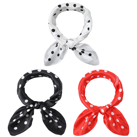 Psyqtsuary 3 Pcs Chiffon Scarf - Square Polka Dot Bandana Head Scarf, 1950s Vintage Bow Headband, Satin-Scarf for Women and Girls, 60 x 60 cm (3 Styles)