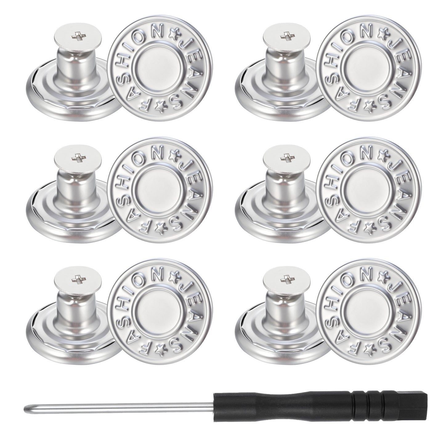 12 Pack Replacement Jeans Buttons, 17mm No Sew Nailess Removable Metal Buttons Adjustable Button for Jeans Metal Jean Button Replacement Repair Kit with Combo Thread Rivets and Screwdrivers