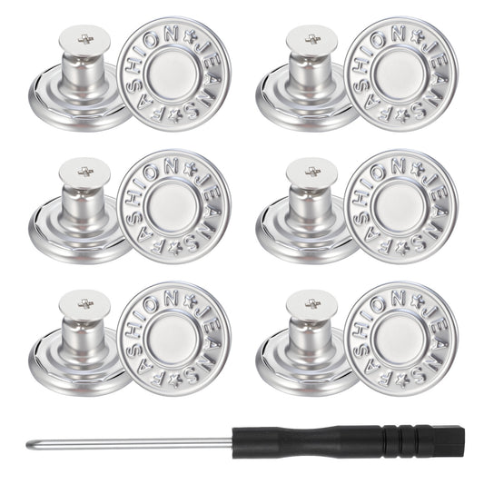 12 Pack Replacement Jeans Buttons, 17mm No Sew Nailess Removable Metal Buttons Adjustable Button for Jeans Metal Jean Button Replacement Repair Kit with Combo Thread Rivets and Screwdrivers