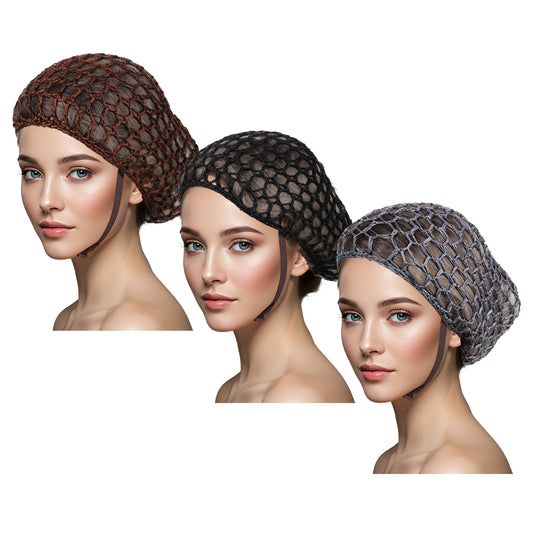 3 Pcs Mesh Hair Net Hair Nets for Sleeping Women Crocheted Sleep Cap Mesh Crochet Hairs Wrap (Black Gray Brown)