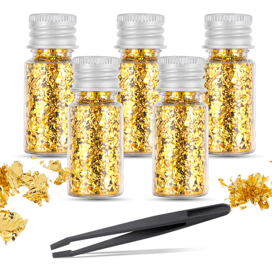 5 Bottles Gold Leaf Gold Flakes for Nails, Gold Foil Flakes for Nail Art, Epoxy Resin, DIY Crafts, Greeting Cards, Sculpture, Album, Paintings, Candle Making, Picture Frames