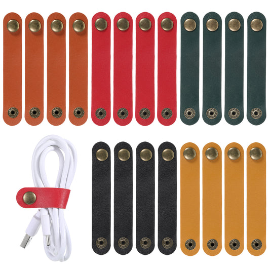 20 Pcs Leather Cord Organizer, Colorful Leather Cable Straps Earphone Cord Holder Reusable Cable Ties Snap Closure Phone Cords Ties USB Straps for Charging, Power Cords