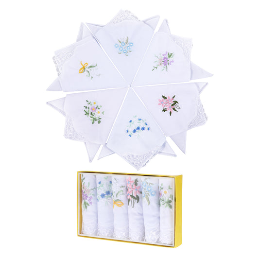 SynHHergyx Handkerchiefs for Women, 6 Pcs Boxed Soft Cotton Ladies Handkerchiefs Vintage Flower Lace Embroidered Handkerchief