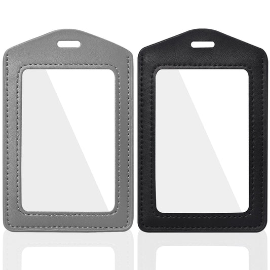 2 Pack Genuine Leather ID Badge Holders, Vertical ID Card Holders with Double-Side Clear Window, Waterproof Name Badge Holde Suit for Office, Staff, Students, Employees