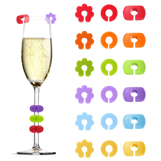 18 Pcs Wine Glass Charms, Silicone Reusable Colorful Drink Markers Cup Labels Tags for Wine Glasses Champagne Flutes and Beverage Bottles，Suitable for Parties Events Bars Home Use (3 Shapes)