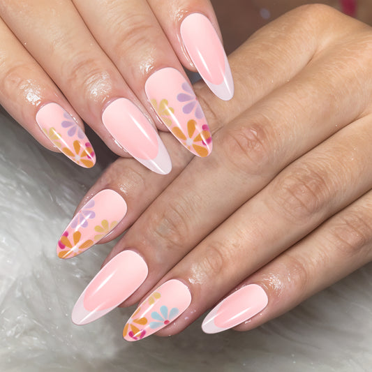 24Pcs Acrylic Fake Nails Long Stiletto Fake Nails Flower Design Luxury Clear False Nail Tips Stiletto Press on Nails Summer Glue on Nails Full Cover Artificial False Stick on Nail for Women