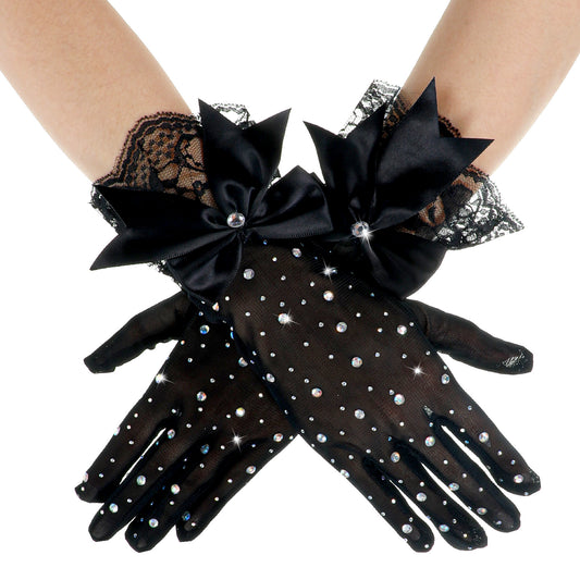 Eldraqth Black Lace Gloves, Elegant Short Tea Party Gloves Rhinestone Halloween Mitten for Women Wedding Prom Evening Party Funeral