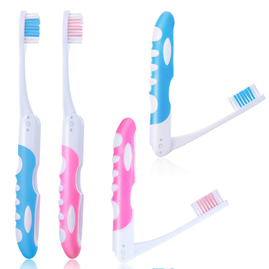 4 Pack Folding Toothbrush, Folding Travel Toothbrush Portable Soft Toothbrushes Soft Bristles & Ergonomic Handle for Traveling, School, Home, Camping Supplies (Pink, Blue)