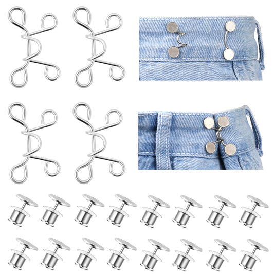 Jeans Button Tightener, 4 Set Pants Clips to Tighten Waist Adjustable Waist Buckle Extender Pant Waist Extender Waist Cincher Clip Metal Jean Button Pins for Women Girls Loose Jeans Pants Make Smaller