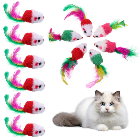 12 Pcs Cat Mouse Toys for Indoor Cats, Interactive Kitten Toys with Feather Tails, Realistic Furry Plush Cat Mice Feather Toy, Small Mouse Kitten Interactive Play Toy for Cats Kittens (Color Random)
