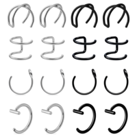 Psyqtsuary Fake Lip Piercing, 16 Pcs Stainless Steel Fake Lip Ring 8mm Faux Nose Ring Non Piercing Hoop Nose Rings for Women Men (Silver, Black)