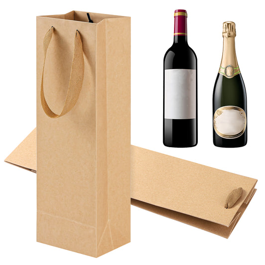 Brown Wine Bottle Gift Bags, Kraf Paper Wine Gift Bags 3.5×4.3×13.8 Inch Reusable Liquor Bag, Wines-Bag with Handles for Party Wedding Party Celebrations Anniversary Champagne Wines-Bags, 2 PCS Brown