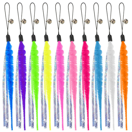 Exclaith 10Pcs Cat Worm Toy, Soft Cat Fishing Pole Replacement Cats Wand Attachments with Bell and Flashing Ribbons Fuzzy Worm Toys for Indoor Cats and Kitten