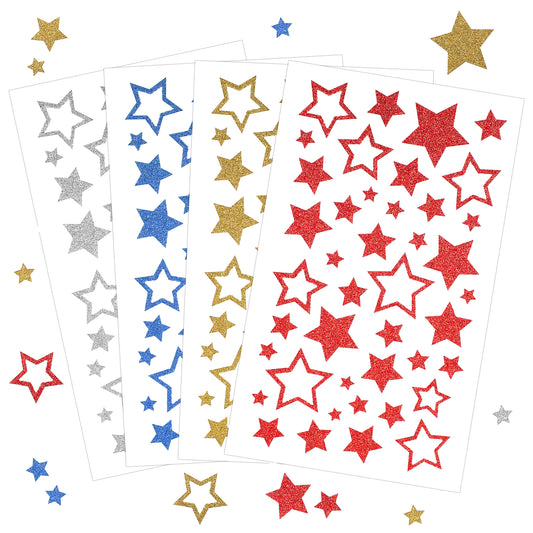 Patriotic Star Stickers 12 Sheets Glitter Red Blue Sliver Star Stickers Red White Blue Glitter Star Stickers Patriotic Decals Label for Christmas Decoration Supplies Arts Crafts