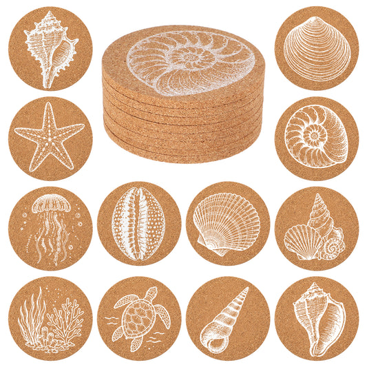 12 PCS Beach Coastal Coasters for Drinks, Sea Shell Cork Coasters