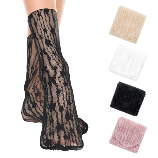 Xthrotsenk 4 Pairs Lace Socks for Women Ultra-Thin Nylon Sheer Socks Floral Lace Ankle Breathable Lightweight Fishnet Sock Vintage Sweet Tulle Princess Sock for Women Girls (4 Colors)
