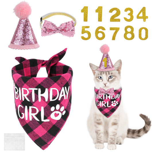 Cat Birthday Party Supplies Bandana Bow Collar Set Tie Cat Hat with Number Pet Birthday Decorations for Kitten Outfits (Pink)