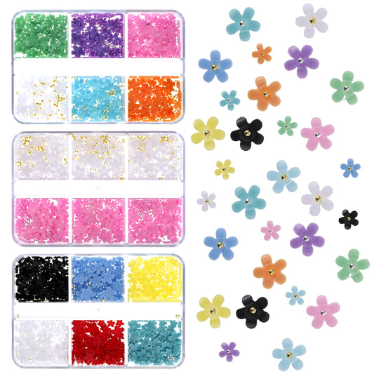 3D Flowers Manicure Gems 3 Boxes Colorful Acrylic Flower Nail Charms with Gold Silver Pearl Beads Mixed Gems Acrylic Nail Supplies for DIY Nail Decorations