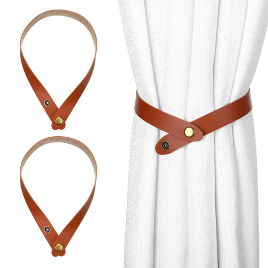 2Pcs Leather Curtain Tiebacks, Faux Leather Curtain Straps with Adjustable Buttons Curtain Holdbacks No Drill for Home Office Decorations Bedroom Living Room(Brown)