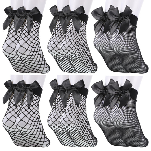 Styquenzer 6 Pairs Fishnet Socks Bow Socks Black Sheer Sock Fishnet Sock for Women Elastic Ankle High Hollow-Socks for Summer