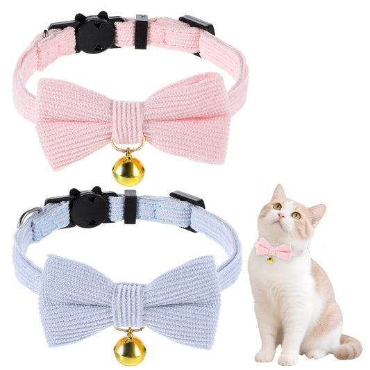 2PCS Bow Tie Cat Collars with Bells, Adjustable Corduroy Cat Collars Pink & Blue Quick Release Safety Kitty Bowtie Dog Collar Velvet Bowtie Cats Collar for Pet Girl Boy Kitten Cats