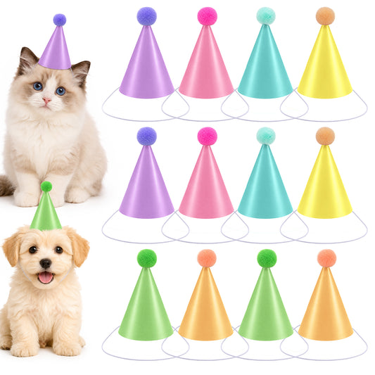 Psiriol 12 PCS Mini Party Hats for Stuffed Animals, 4Inch Dog Party Hat Adjustable Cone Caps with DIY Pom Poms for Holidays Celebrations Cat Dog Birthday Decorations Kit (Colorful)