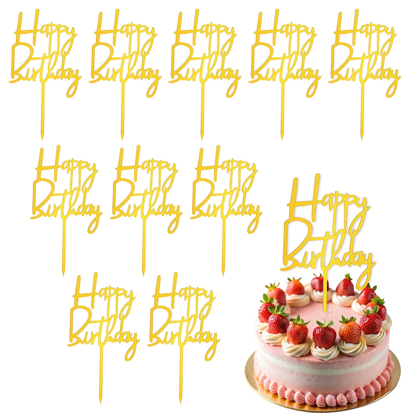 Styquenzer 10Pcs Happy Birthday Cake Topper Happy Birthday Gold Acrylic Cake Toppers Birthday Party Decorations, Gold