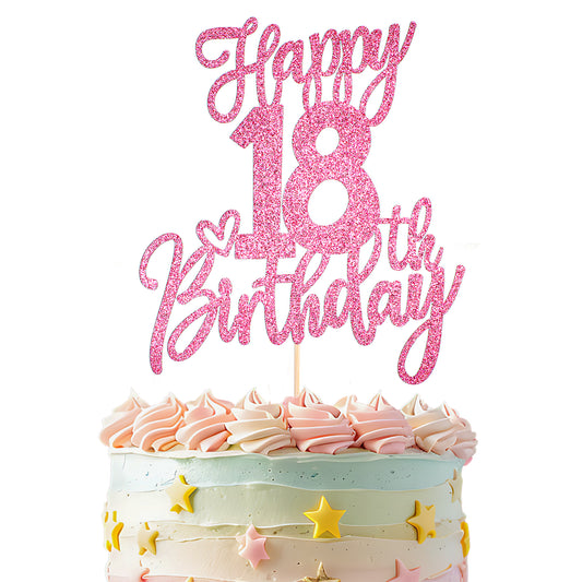 1 PCS Happy 18th Birthday Cake Topper, Rose Gold Glitter Happy Birthday Cake Topper, Cheers to 18 Years Birthday Cake Pick, Funny Happy Birthday Party Supplies for Girls Boys