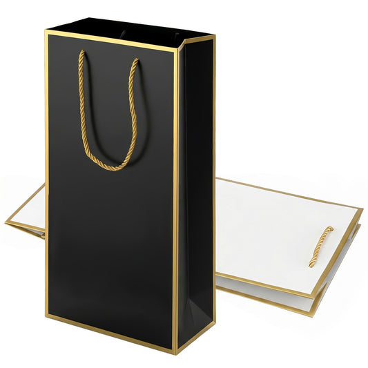 2 Pcs Double Wine Gift Bags, 7x3.5x13.8 Inch Wine Paper Bag with Gold Foil, Reusable Liquor Bag for 2 Bottles, Sturdy Handle Gift Bags for Party Wedding Birthday (Black/White with Gold Trim)