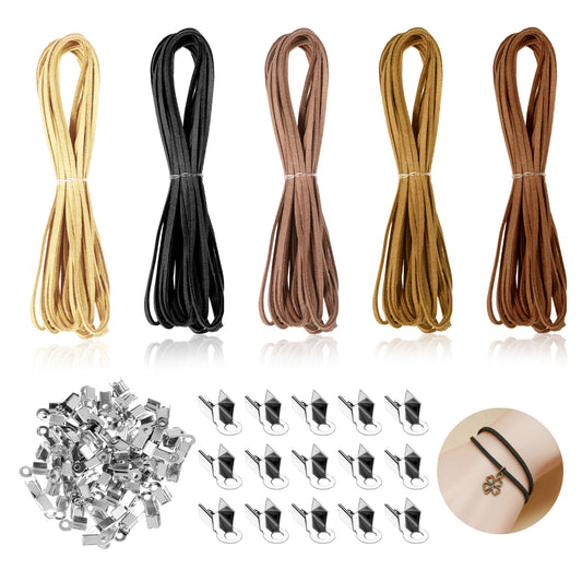 Leather Strings for Crafting, 5 Pcs Leather Cords with 100 Jewelry Clasp Cord Ends Suede Cord Flat Rope String for Jewelry Making Bracelet Art Crafts Beading Necklace (5 Colors,3mm x 5.5 Yard)